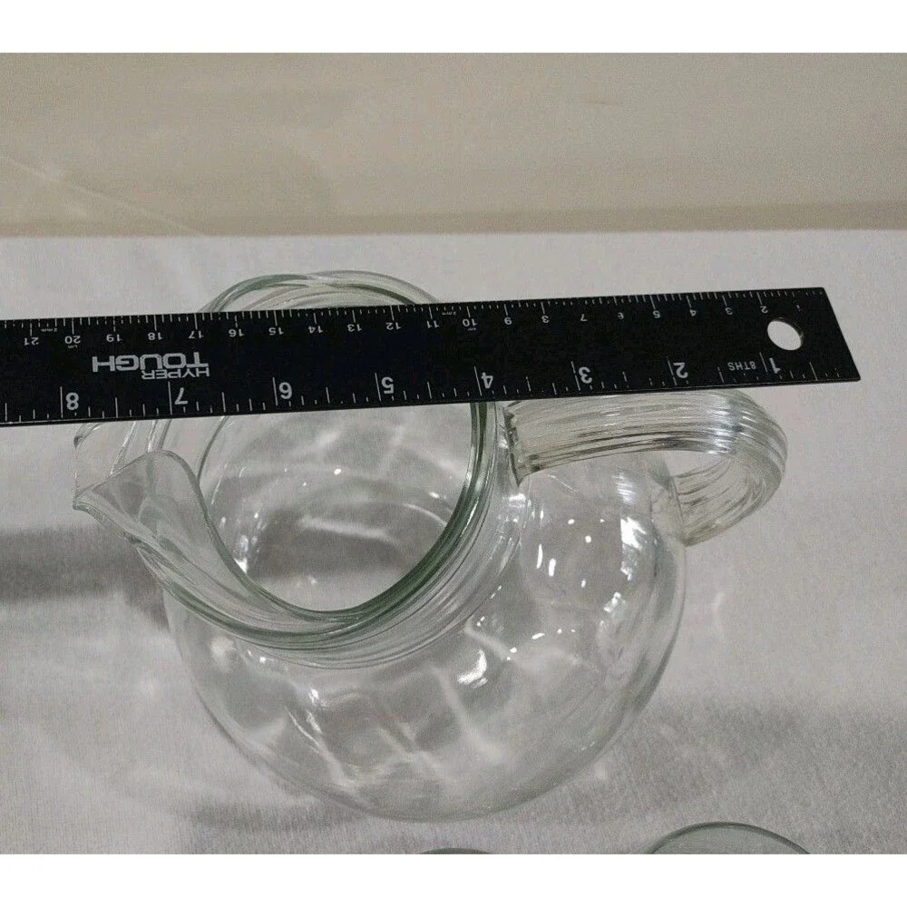 Vintage Tilted Clear Water Pitcher Etched Leaves Ring & Ice Lip & 4 Glasses